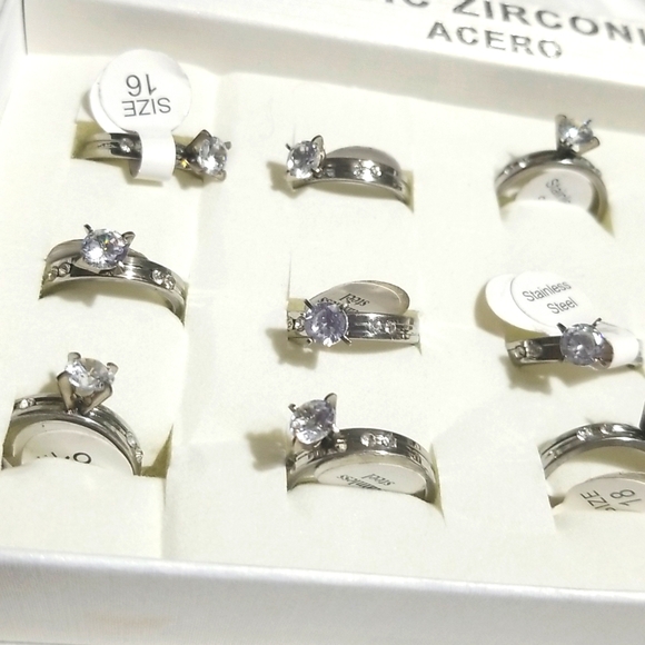 New 12 Stainless Steel Solitaire Cut Cubic Zirconia Wedding Rings Engagement Lot - Picture 2 of 4